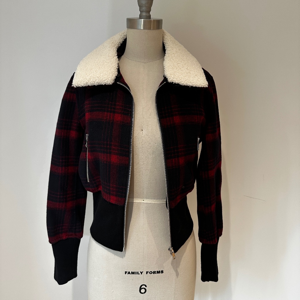 Maje Plaid Cropped Wool Jacket W/ Removable Shearling Collar Size 38 (S/M)